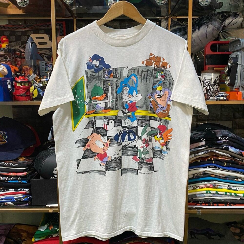 Vintage 90s Tiny Toon Adventures Football Locker Room T-Shirt Large White Looney